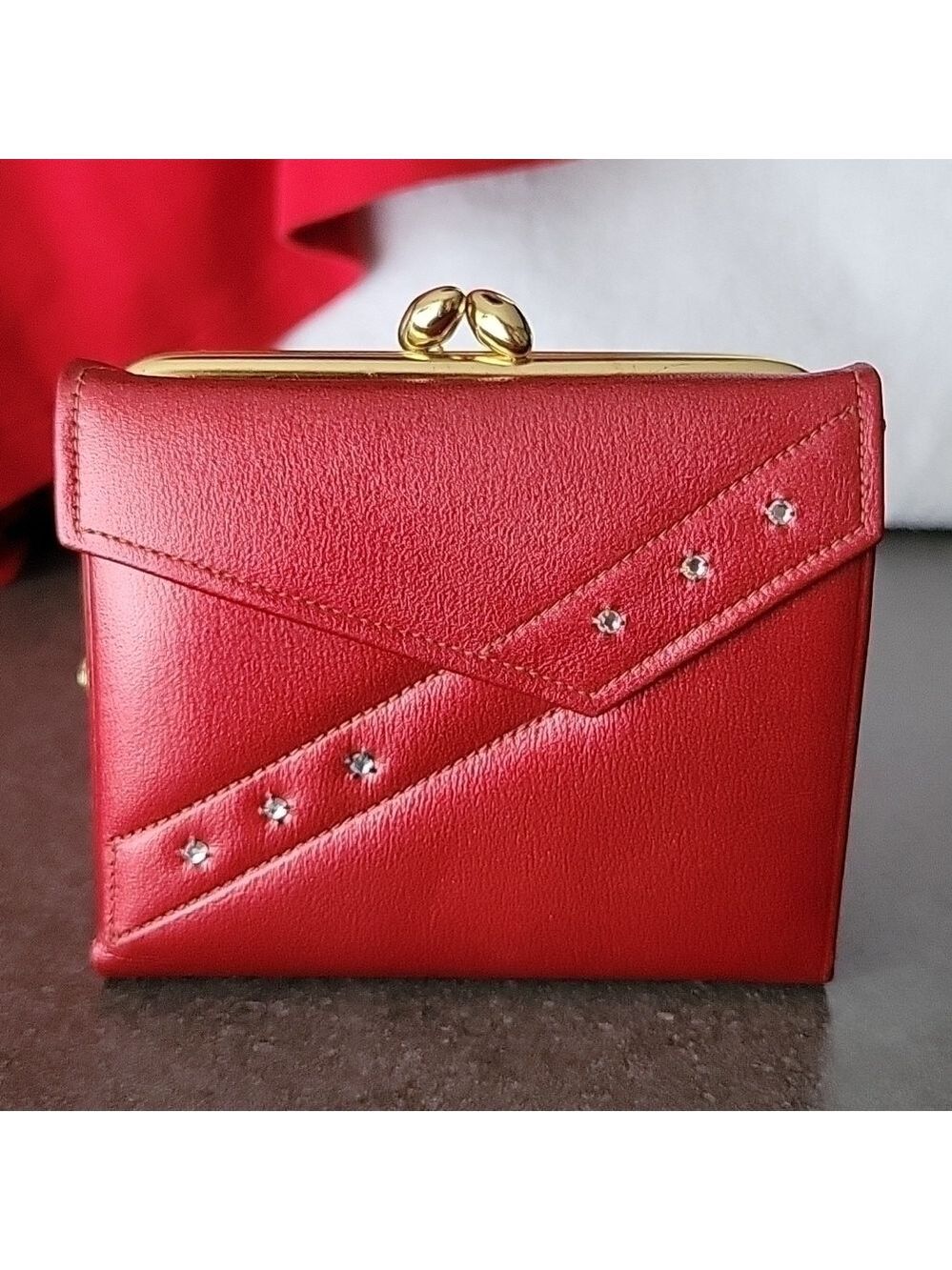 NWOT Vintage Lady Wilshire Red Leather Trifold with Bling - Rare